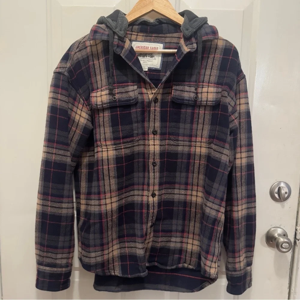 American Eagle Outfitters Men's Plaid Jacket - Navy and Tan
